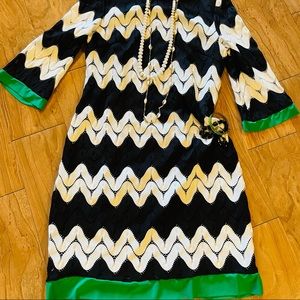 Black,white,kelly green, chevron, crochet dress by Sandra Darren; very classy!